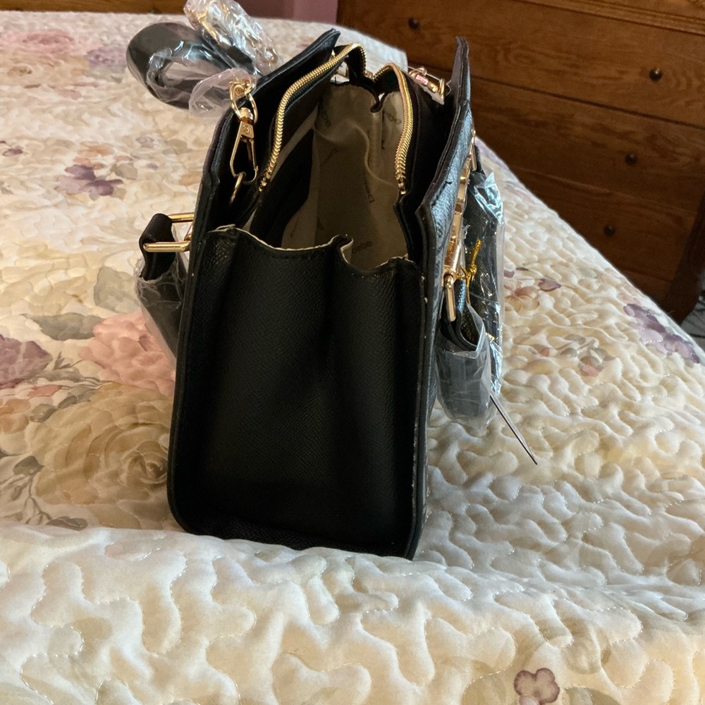 Bebe Gray/Black  Satchel with Monogram Pattern and Glossy Finish - Picture 10 of 12